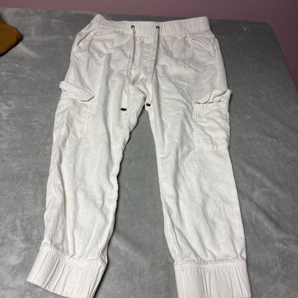 St John's Bay White Jogger Pants Drawstring Waist Cargo Pockets Medium Petite